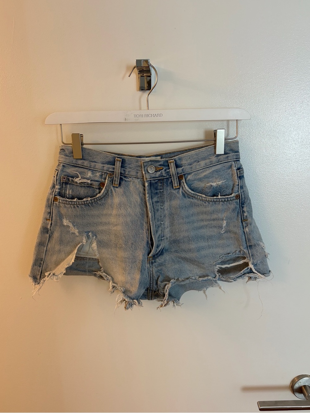 Agolde Light Blue Distressed Denim Cutoff Shorts